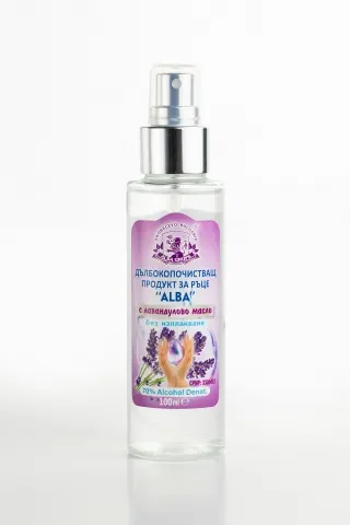 ДЪЛБОКОПОЧИСТВАЩ ПРОДУКТ ЗА РЪЦЕ “ALBA” С ЛАВАНДУЛОВО МАСЛО И 70% ALCOHOL DENAT. - 100 мл 